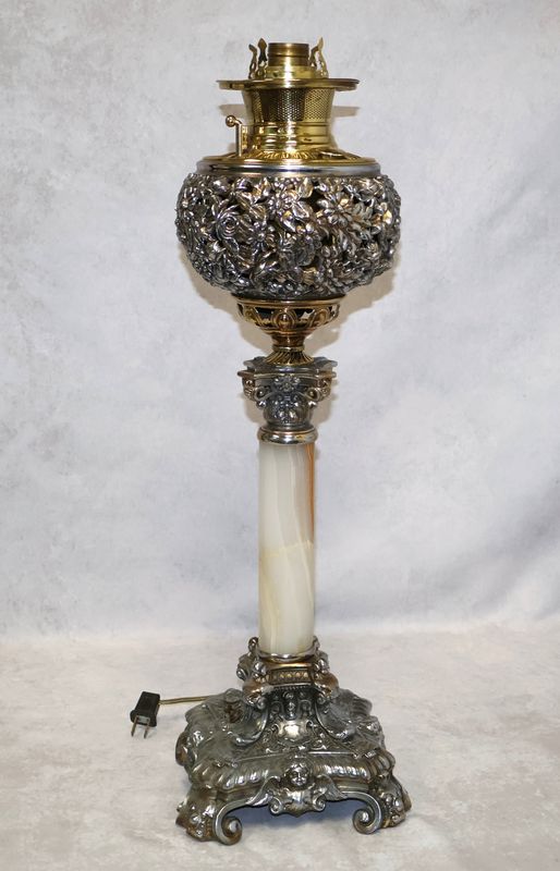 Antique Victorian Electrified Mixed Metal &amp; Onyx Banquet Lamp with Red Glass Globe