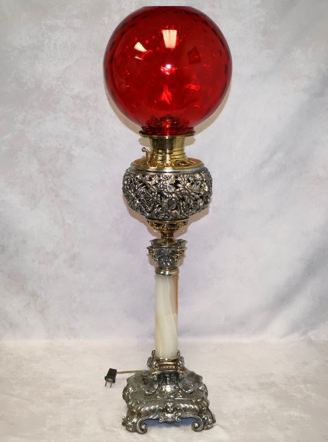 Antique Victorian Electrified Mixed Metal &amp; Onyx Banquet Lamp with Red Glass Globe