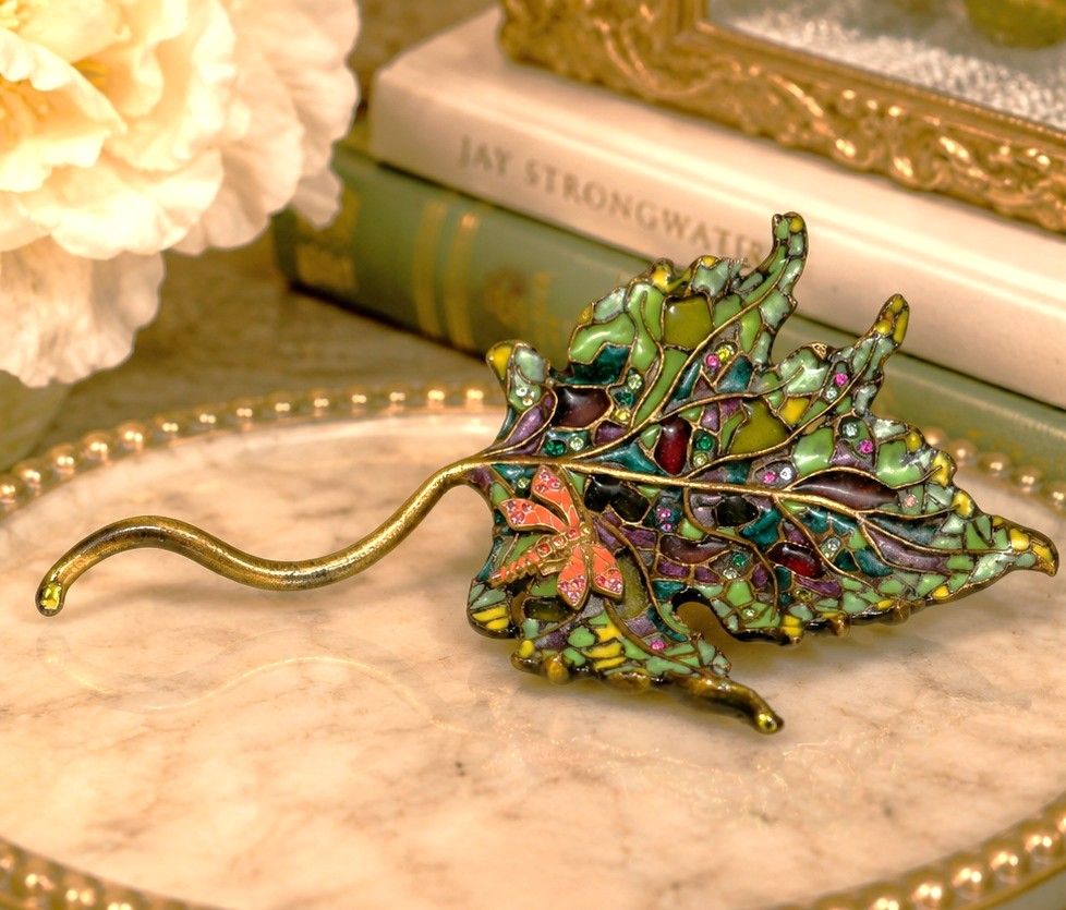 Jay Strongwater Jeweled Leaf Sculpture with Dragonfly Swarovski Crystals