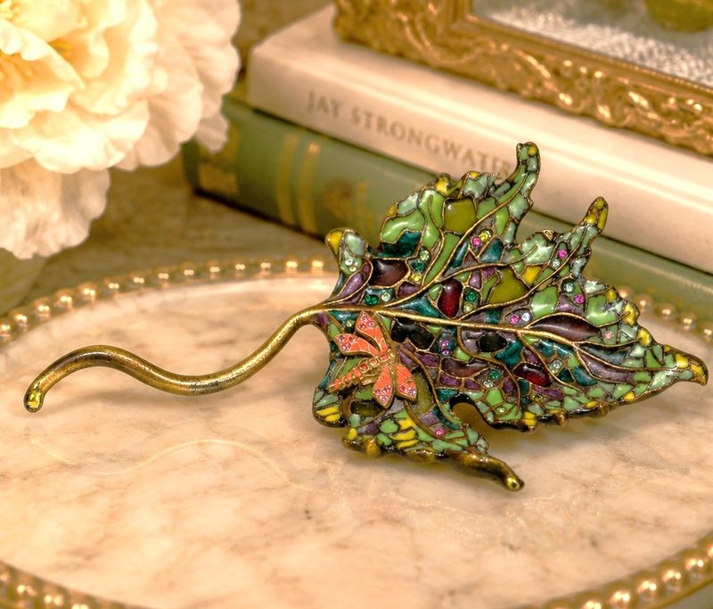 Jay Strongwater Jeweled Leaf Sculpture with Dragonfly Swarovski Crystals