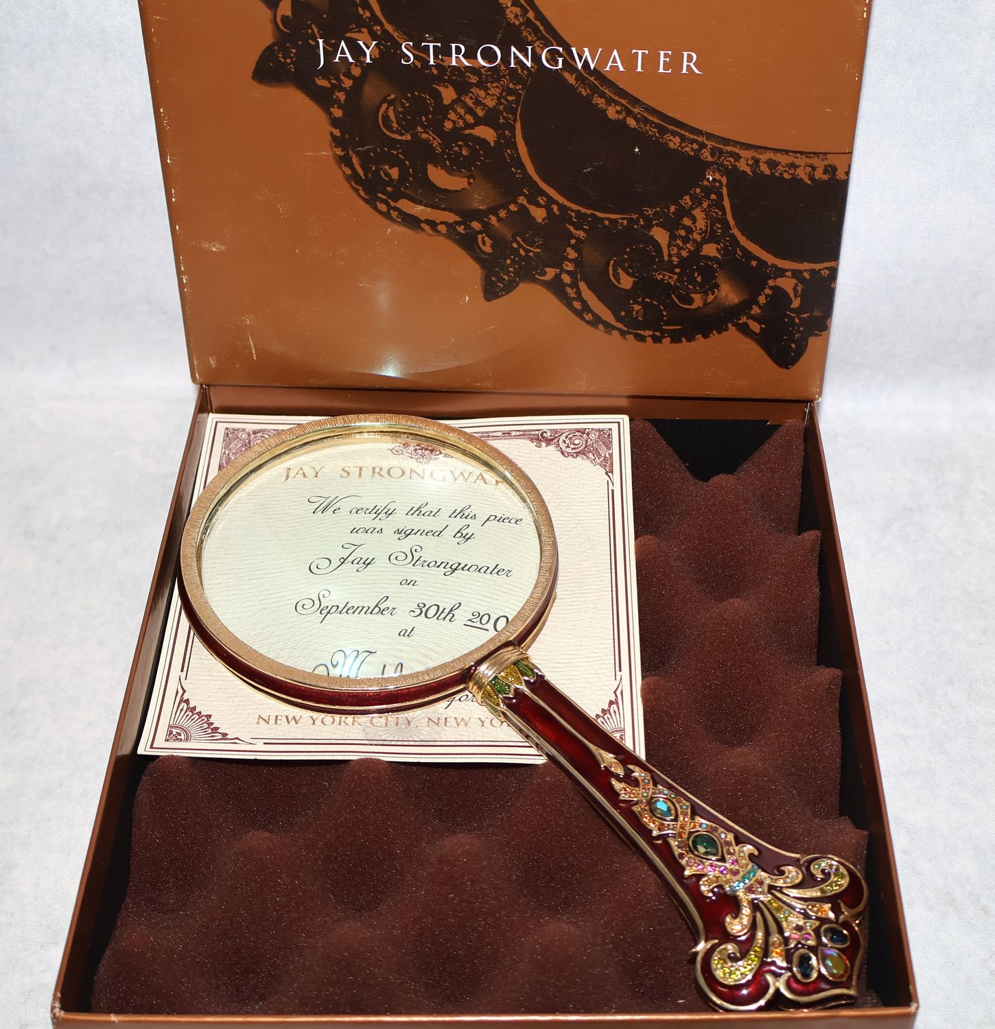 Jay Strongwater Large Jeweled Magnifying Glass Hand Signed Swarovski Crystal Enamel | Box &amp; Signature Certificate
