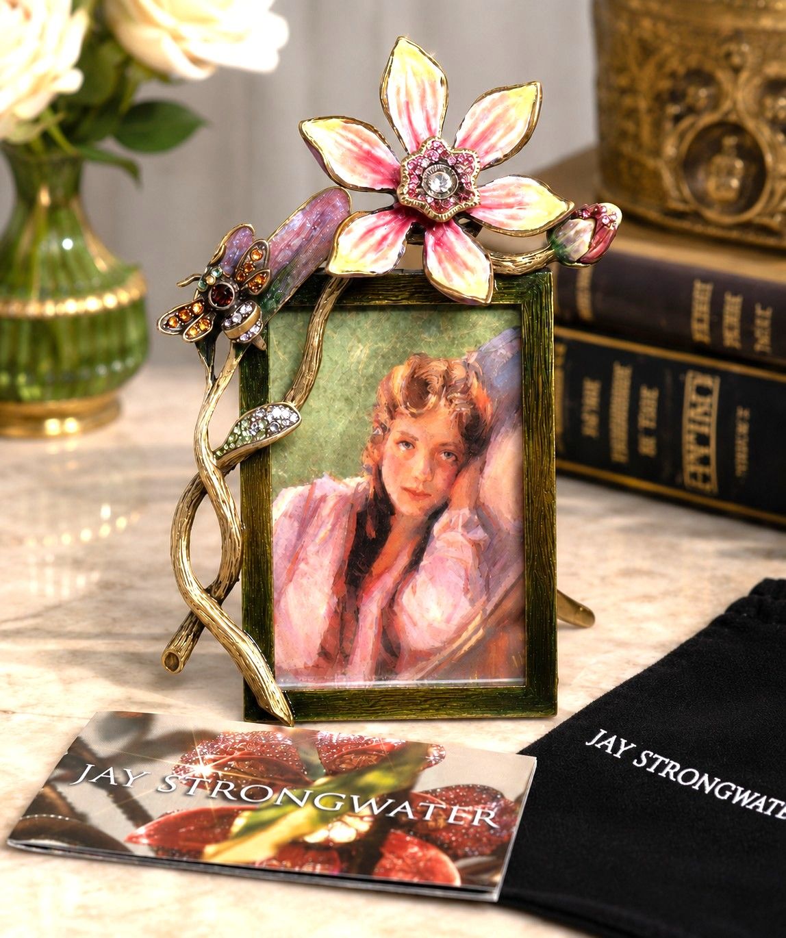 Jay Strongwater Bouquet Bee &amp; Flower Enamel &amp; Swarovski Crystal 2x3 Picture Frame