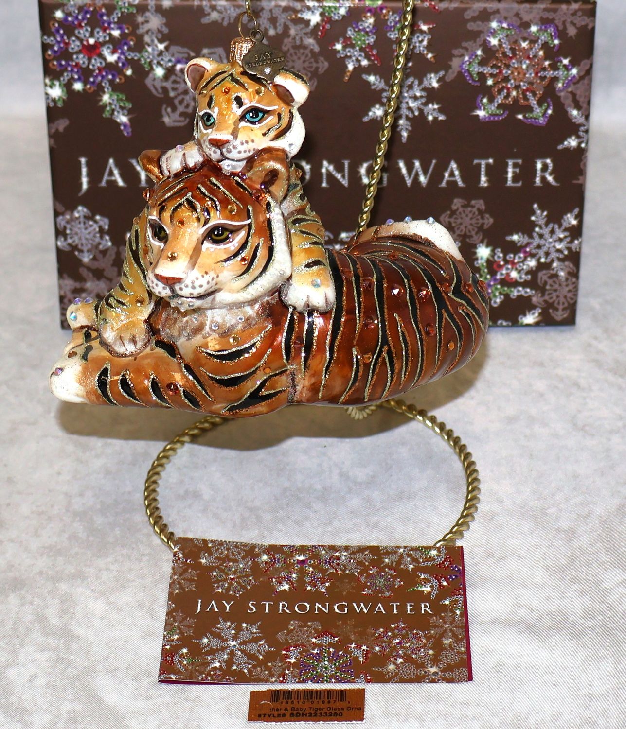 Jay Strongwater Mother &amp; Baby Tiger Swarovski Crystal Glass Ornament in Box | 6”