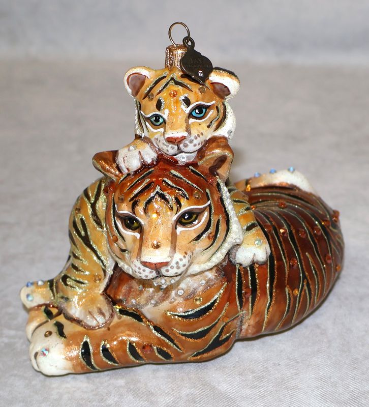 Jay Strongwater Mother &amp; Baby Tiger Swarovski Crystal Glass Ornament in Box | 6”