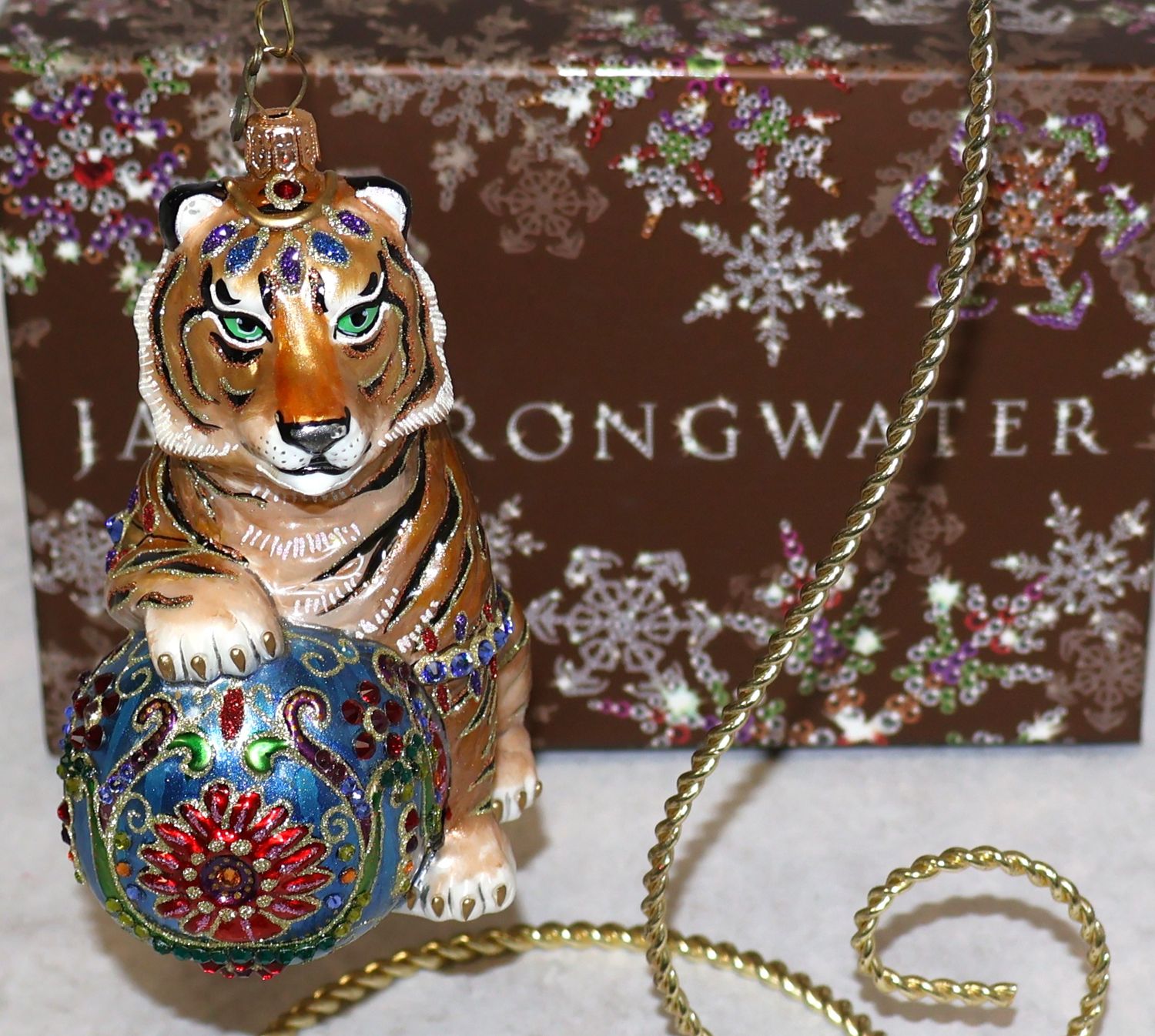Jay Strongwater Jeweled Tiger &amp; Ball Swarovski Crystal Glass Ornament with Box | 5.5”