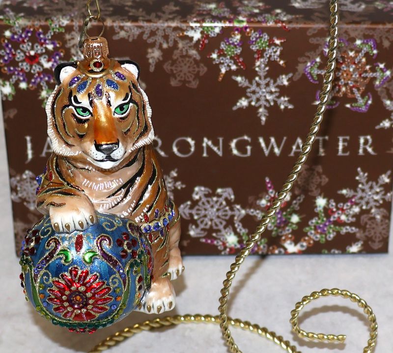 Jay Strongwater Jeweled Tiger &amp; Ball Swarovski Crystal Glass Ornament with Box | 5.5”