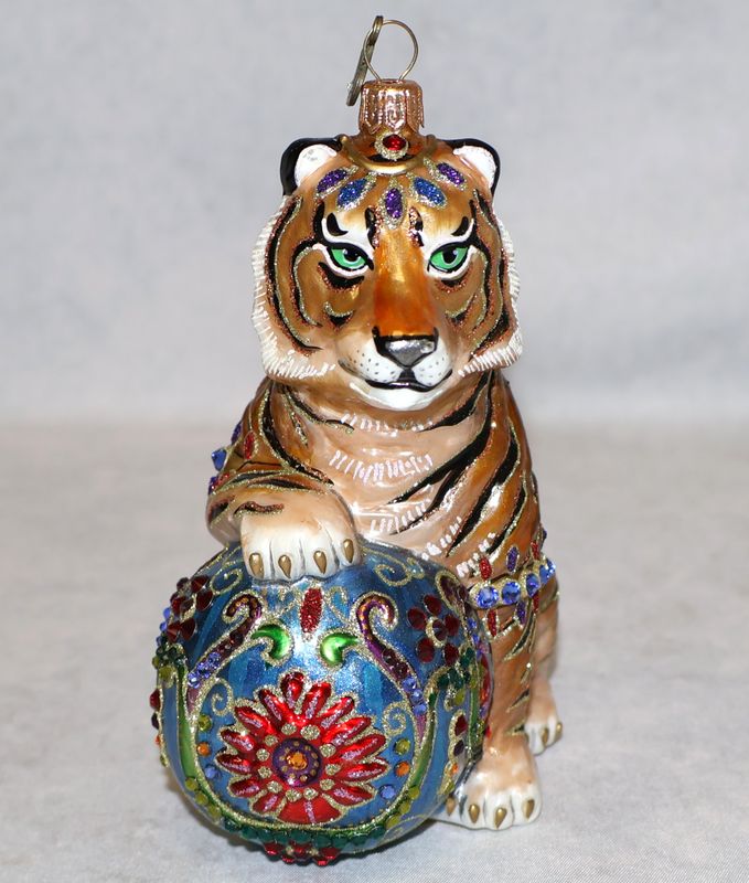 Jay Strongwater Jeweled Tiger &amp; Ball Swarovski Crystal Glass Ornament with Box | 5.5”