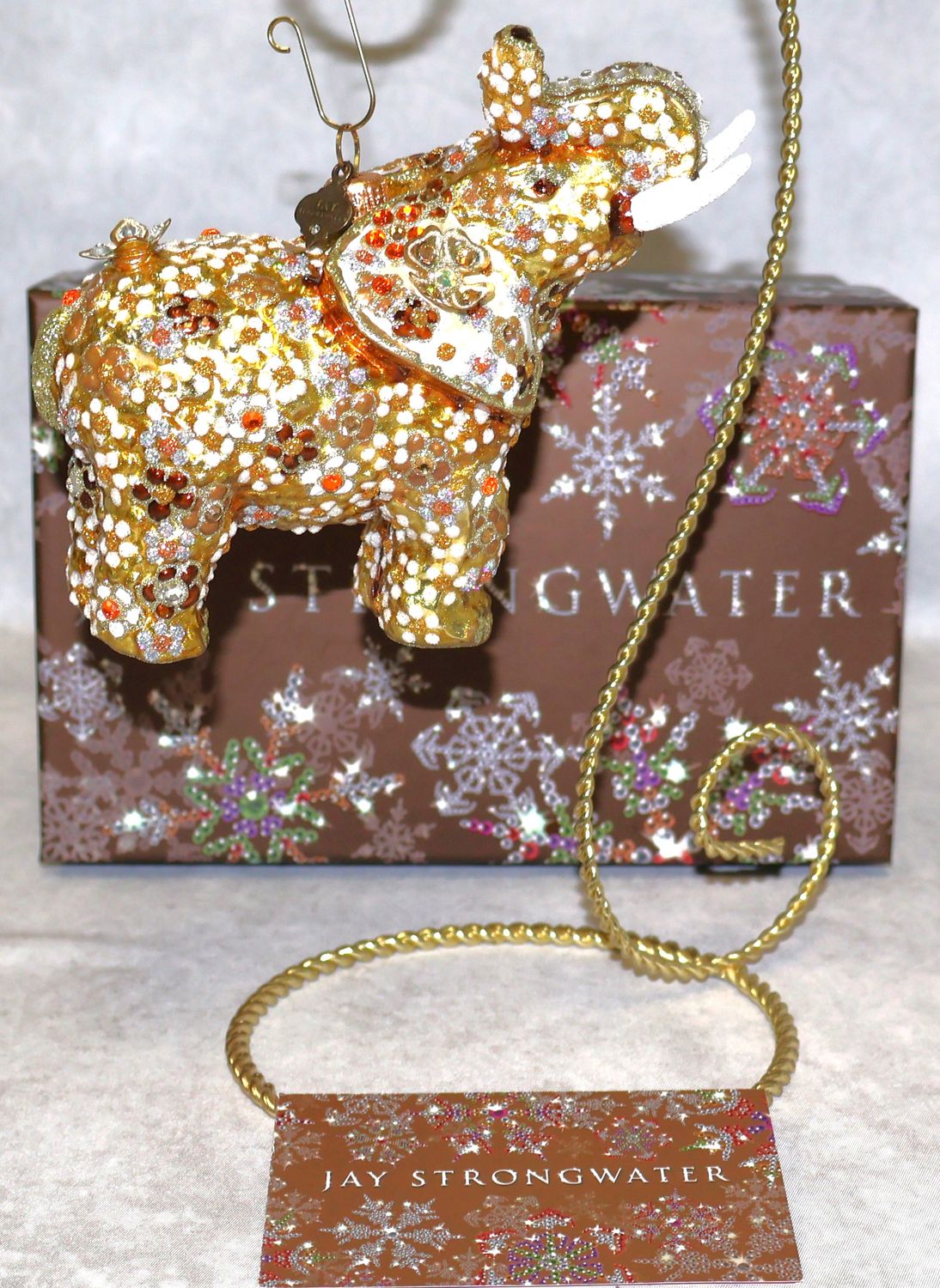 Jay Strongwater Golden Mille Fiori Elephant Swarovski Crystal Glass Ornament with Box | 5”
