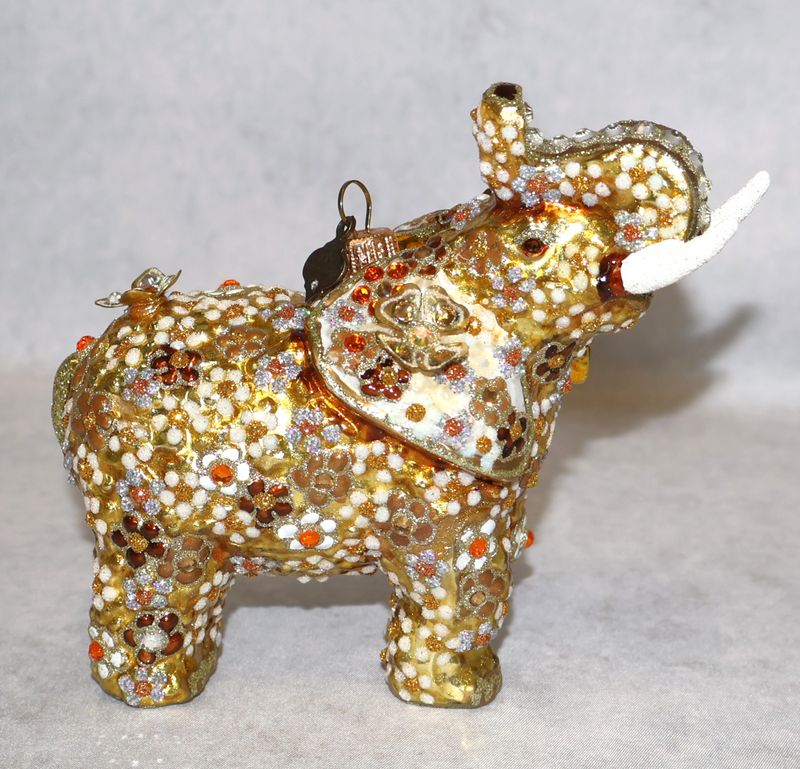 Jay Strongwater Golden Mille Fiori Elephant Swarovski Crystal Glass Ornament with Box | 5”
