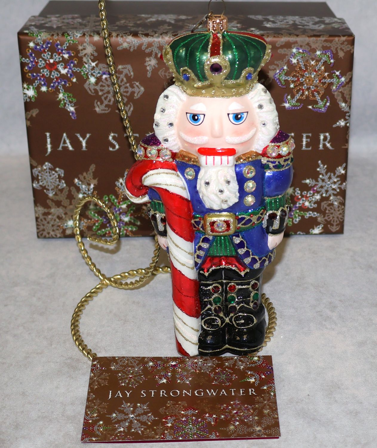 Jay Strongwater Candy Cane Nutcracker Swarovski Crystal Glass Ornament with Box | 8”