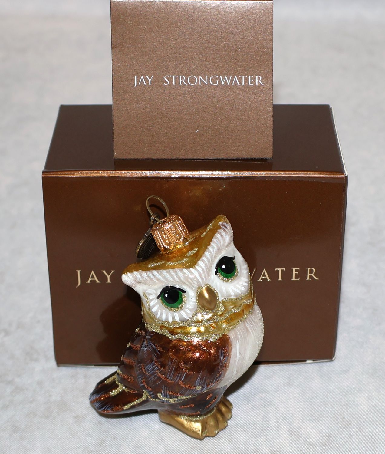 Jay Strongwater Green-Eyed Owl Hand-Painted Glass Christmas Ornament with Box