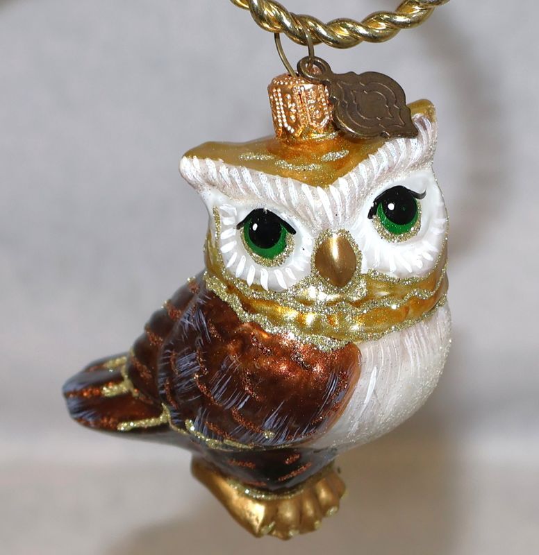 Jay Strongwater Green-Eyed Owl Hand-Painted Glass Christmas Ornament with Box