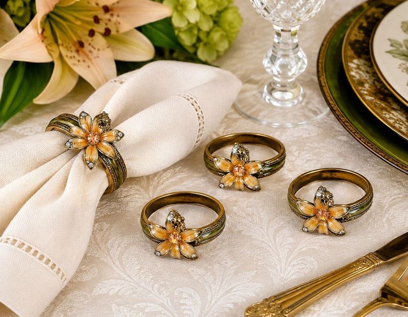 Jay Strongwater Lily &amp; Ladybug Peach Tourmaline Swarovski Crystal Napkin Rings | Set of 4