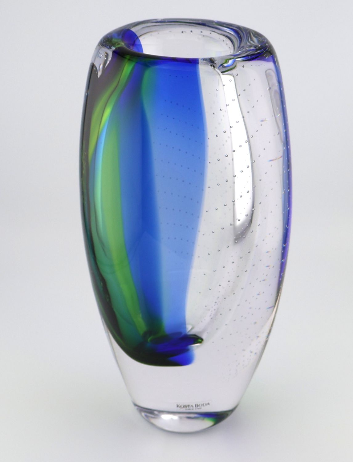 Kosta Boda Goran Warff Blue &amp; Green Controlled Bubble Art Glass Vase Signed | 9”