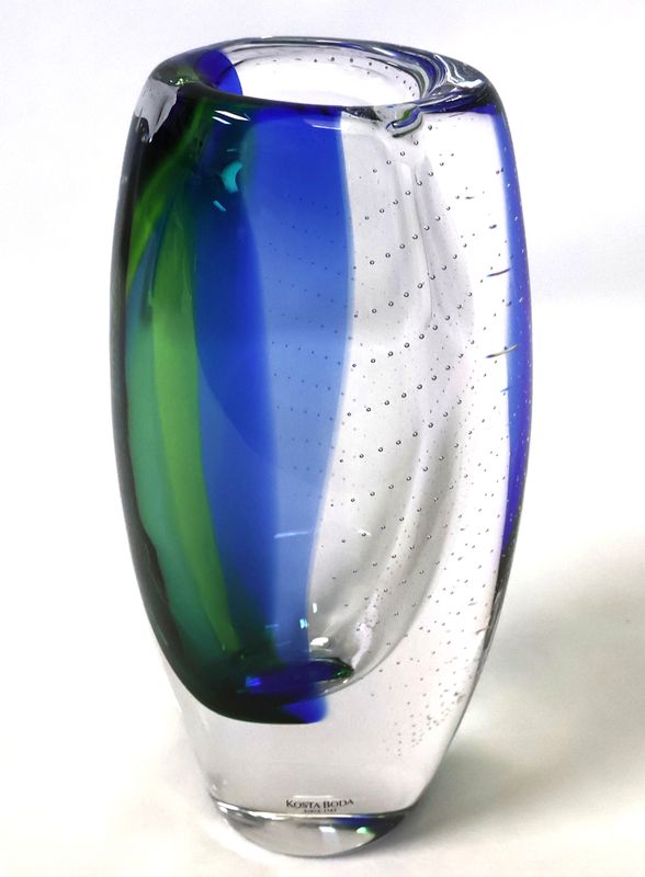 Kosta Boda Goran Warff Blue &amp; Green Controlled Bubble Art Glass Vase Signed | 9”