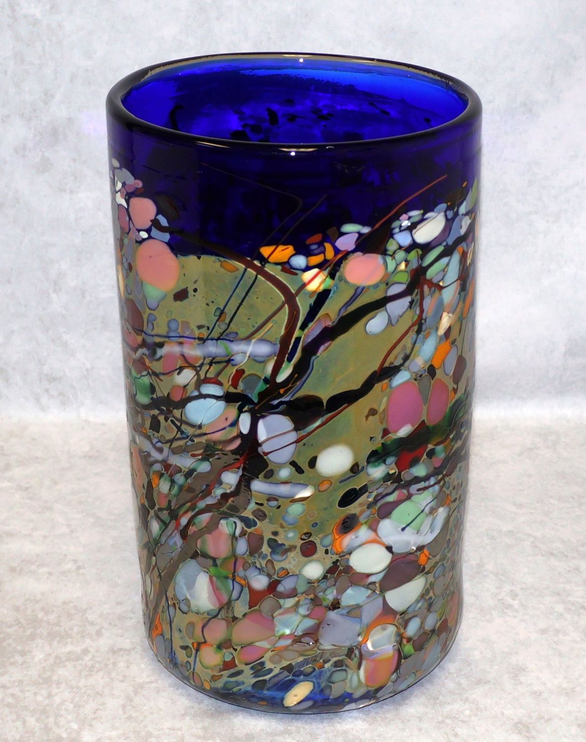 John Gerletti Cobalt Blue Mosaic Abstract Art Glass Cylinder Vase Signed | 13.5”
