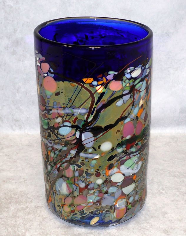 John Gerletti Cobalt Blue Mosaic Abstract Art Glass Cylinder Vase Signed | 13.5”