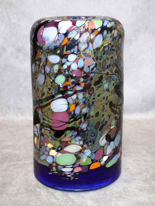 John Gerletti Cobalt Blue Mosaic Abstract Art Glass Cylinder Vase Signed | 13.5”