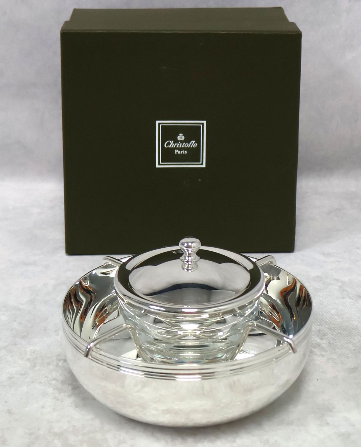 Christofle Albi Silver Plate Caviar Serving Set with Glass Bowl &amp; Original Box | Brazil