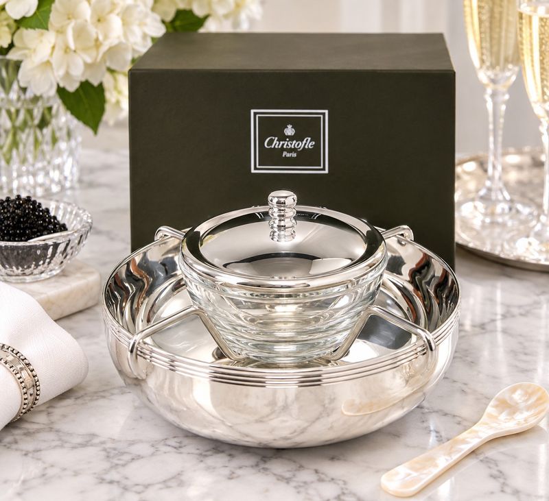 Christofle Albi Silver Plate Caviar Serving Set with Glass Bowl &amp; Original Box | Brazil