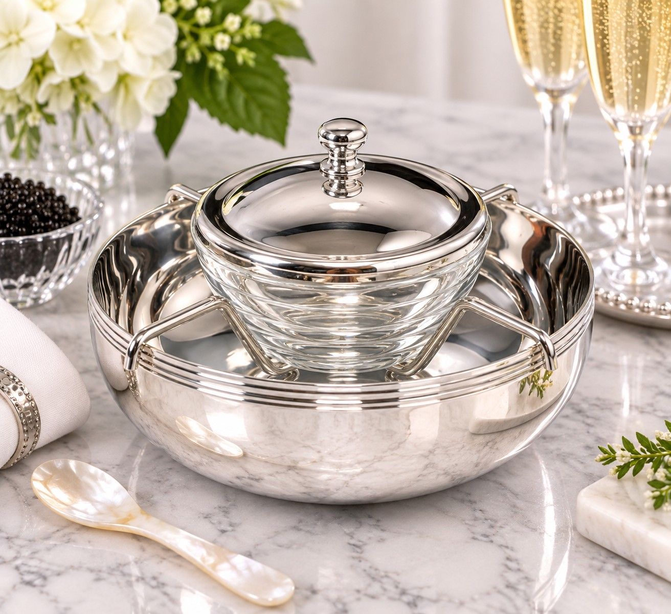 Christofle Albi Silver Plate Caviar Serving Set with Glass Bowl | Brazil