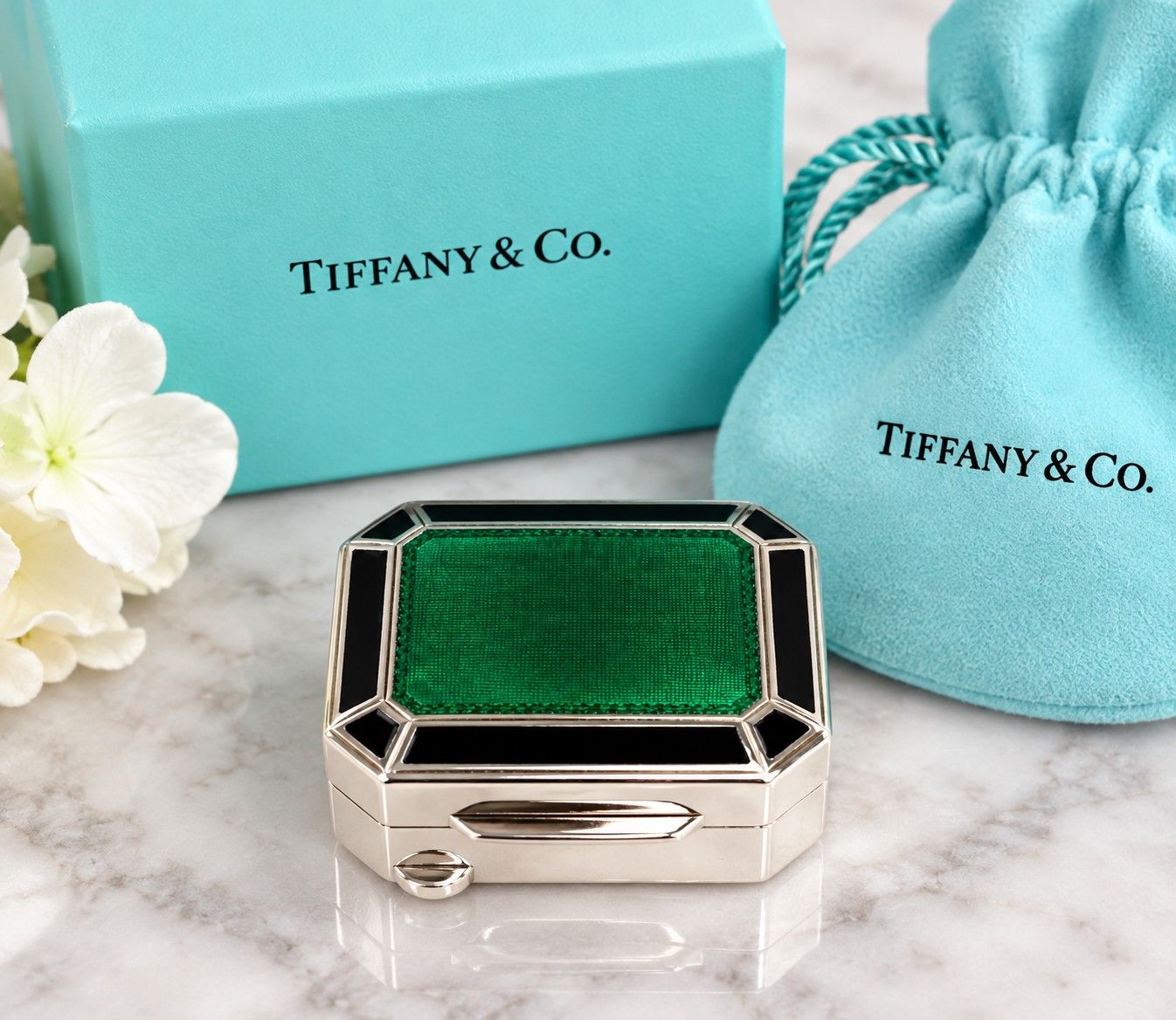 Tiffany &amp; Co. Green &amp; Black Enamel Sterling Silver Pill Box 925 | Box &amp; Pouch