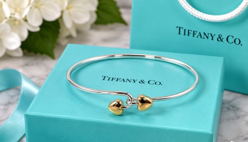 Tiffany &amp; Co. Sterling Silver &amp; 18K Gold Double Heart Hook Bangle Bracelet | Box