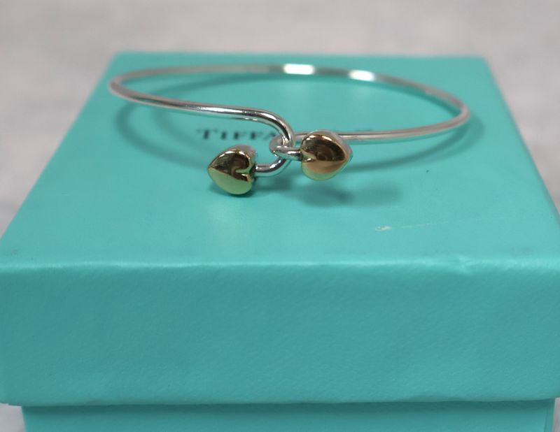 Tiffany &amp; Co. Sterling Silver &amp; 18K Gold Double Heart Hook Bangle Bracelet | Box