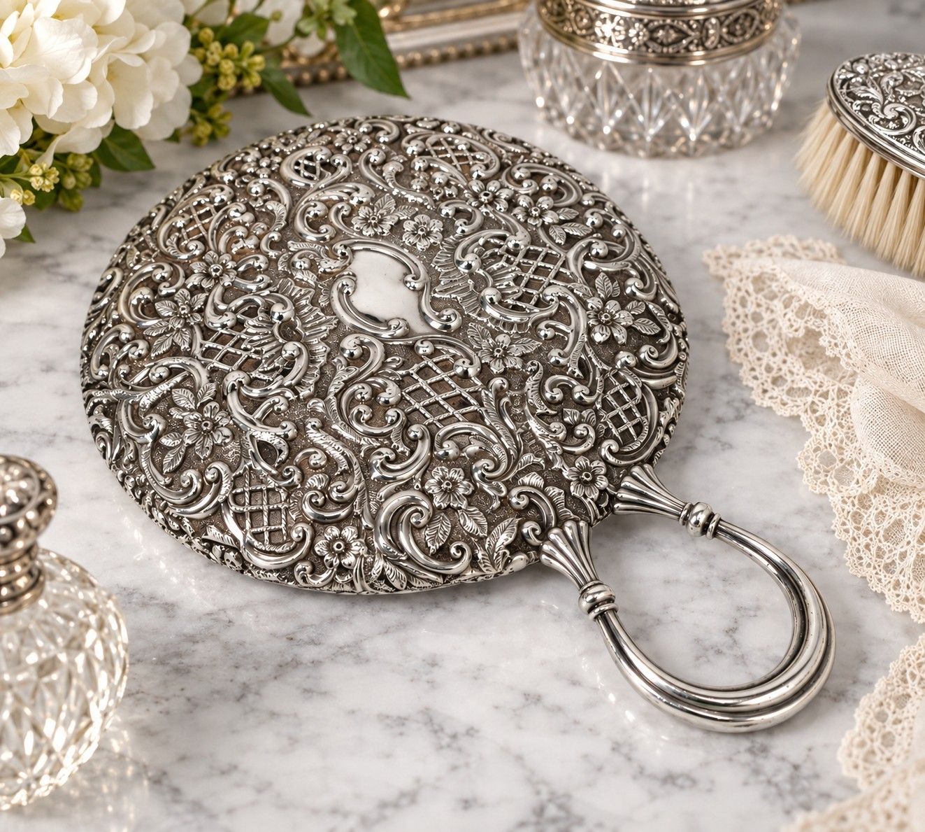 Henry Matthews Edwardian Sterling Silver 1903 Repoussé Hand Mirror | Fully Hallmarked