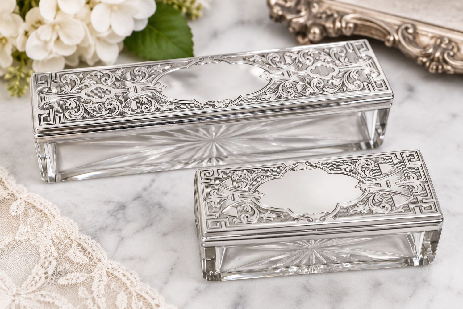 Pittway Brothers Victorian 1863 Crystal &amp; Sterling Silver Boxes Hallmarked | Set of 2