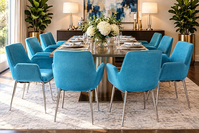 Set of 8 Antonini Modern Living Gabriella Blue Upholstered Chrome Dining Armchairs | Like New