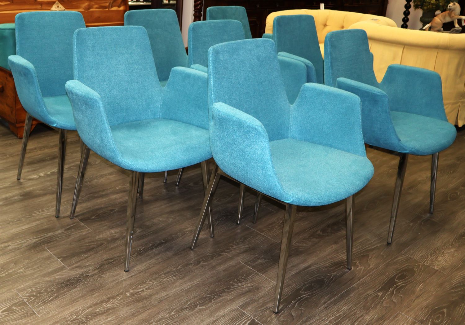 Set of 8 Antonini Modern Living Gabriella Blue Upholstered Chrome Dining Armchairs | Like New