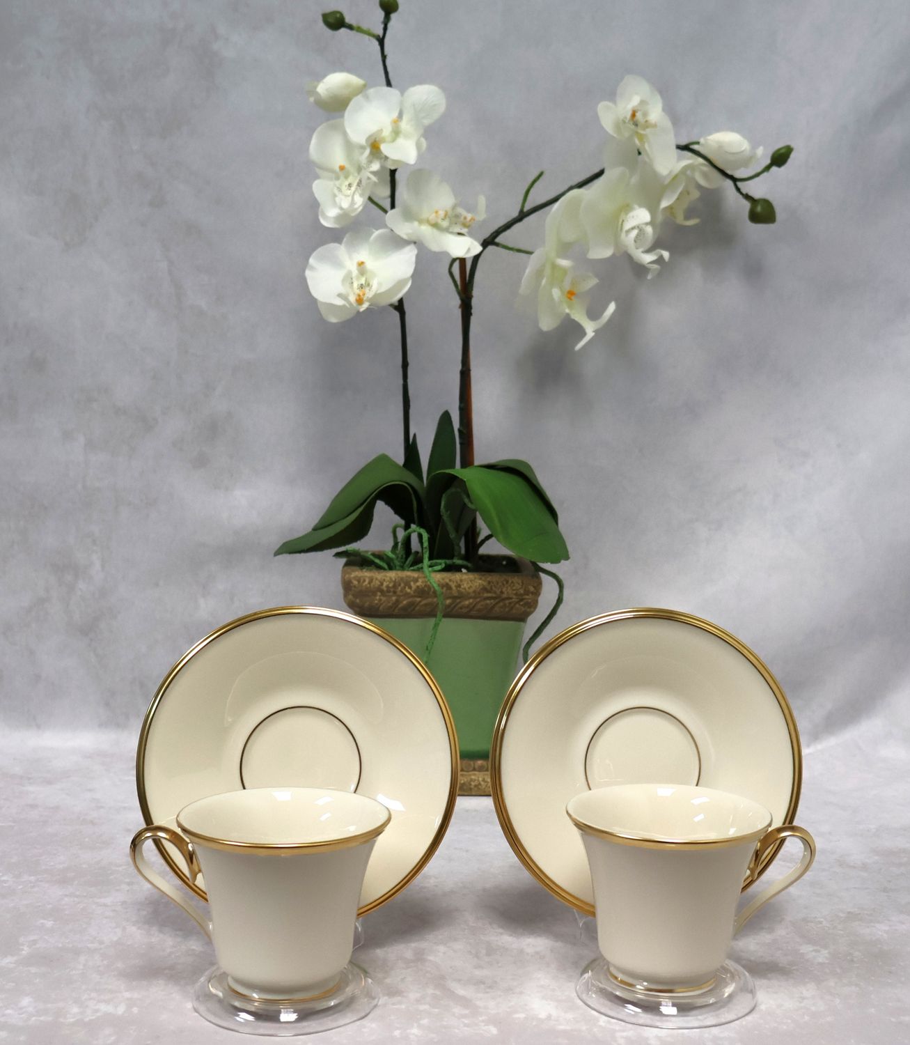 Lenox Eternal Dimension Collection Footed Cups &amp; Saucers Gold Trim (Set of 2) Made in USA