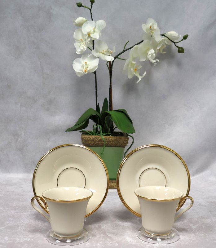 Lenox Eternal Dimension Collection Footed Cups &amp; Saucers Gold Trim (Set of 2) Made in USA