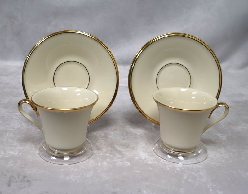Lenox Eternal Dimension Collection Footed Cups &amp; Saucers Gold Trim (Set of 2) Made in USA
