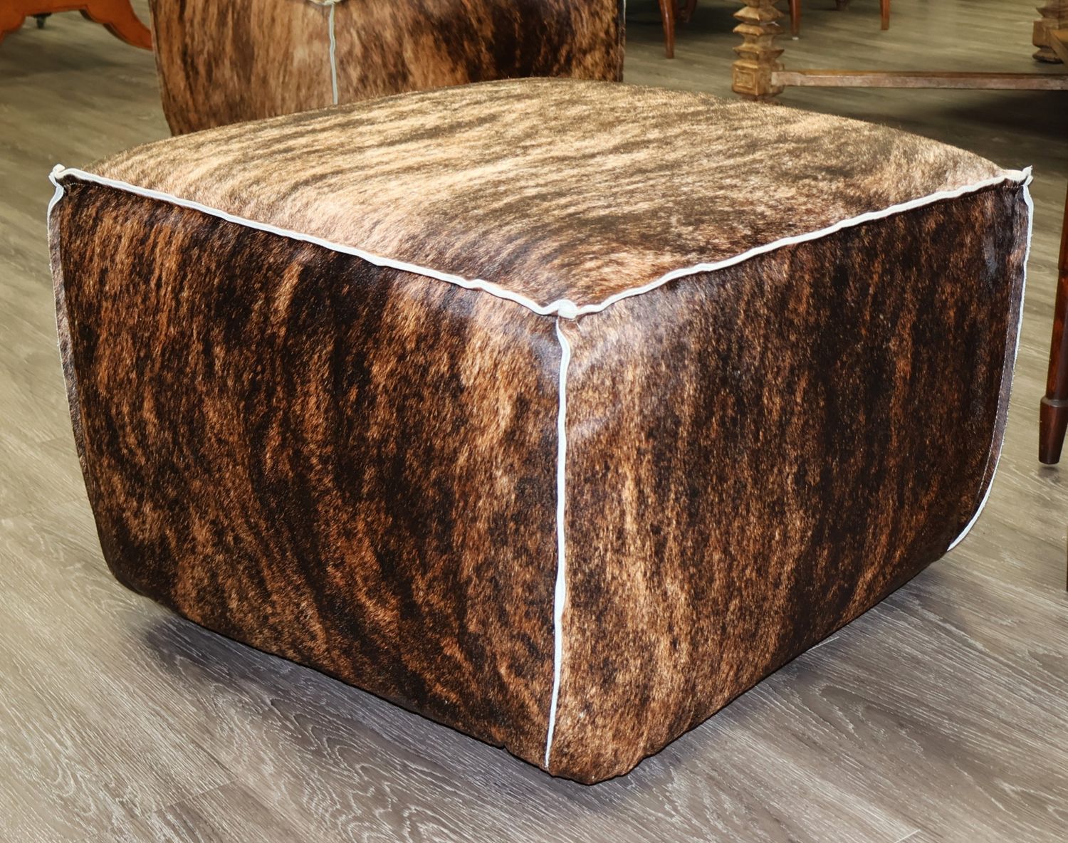 Arhaus Camden Collection Dark Brown Brindle Genuine Cowhide Ottoman Pouf | Hidden Casters