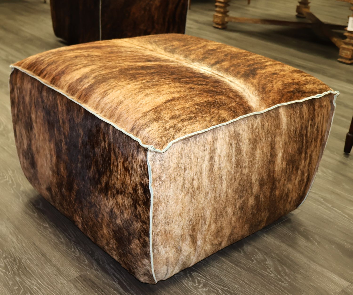 Arhaus Camden Collection Brindle with Spine Stripe Genuine Cowhide Ottoman Pouf | Hidden Casters