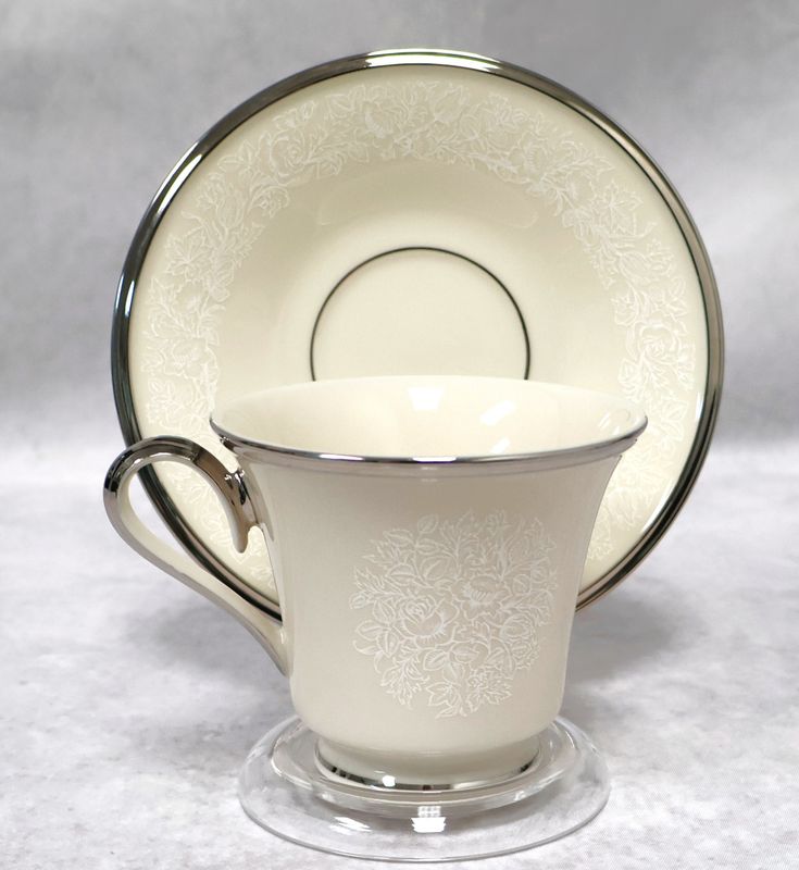 Lenox Moonspun Bone China Footed Cup &amp; Saucer Set Platinum Trim | Made in USA