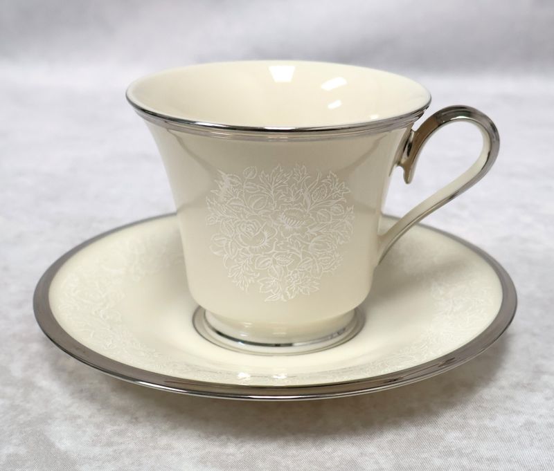 Lenox Moonspun Bone China Footed Cup &amp; Saucer Set Platinum Trim | Made in USA