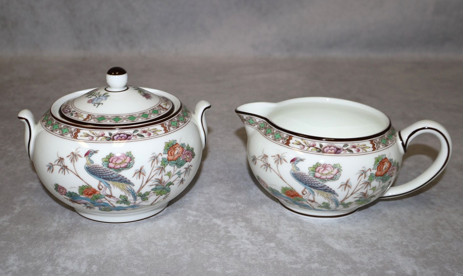 Wedgwood Kutani Crane Creamer &amp; Covered Sugar Bowl R4464 | 3-Piece Set - England