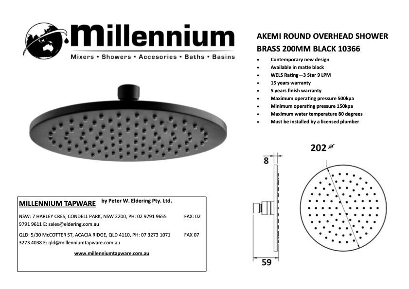 Akemi Round Overhead Shower Black 200mm