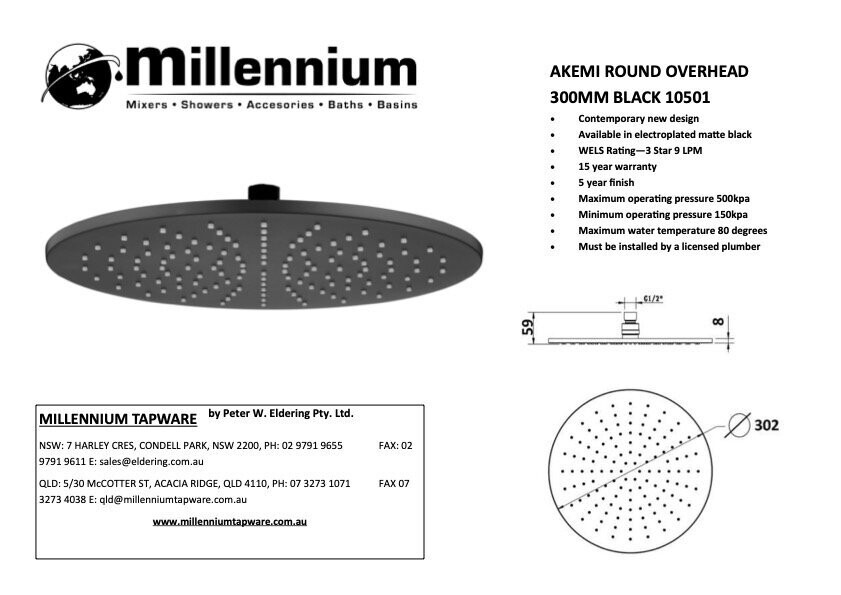 Akemi Round Overhead Shower Black 300mm