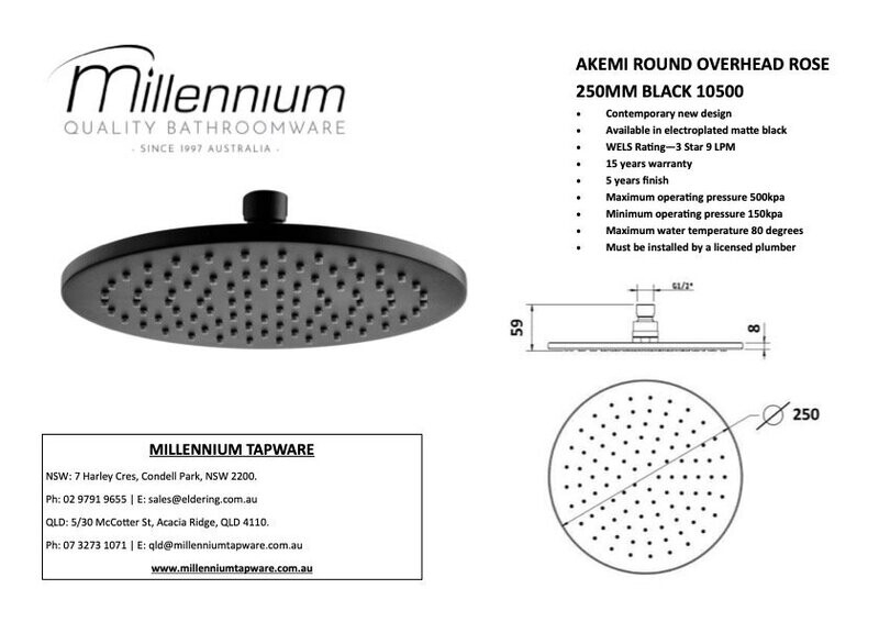 Akemi Round Overhead Shower Black 250mm