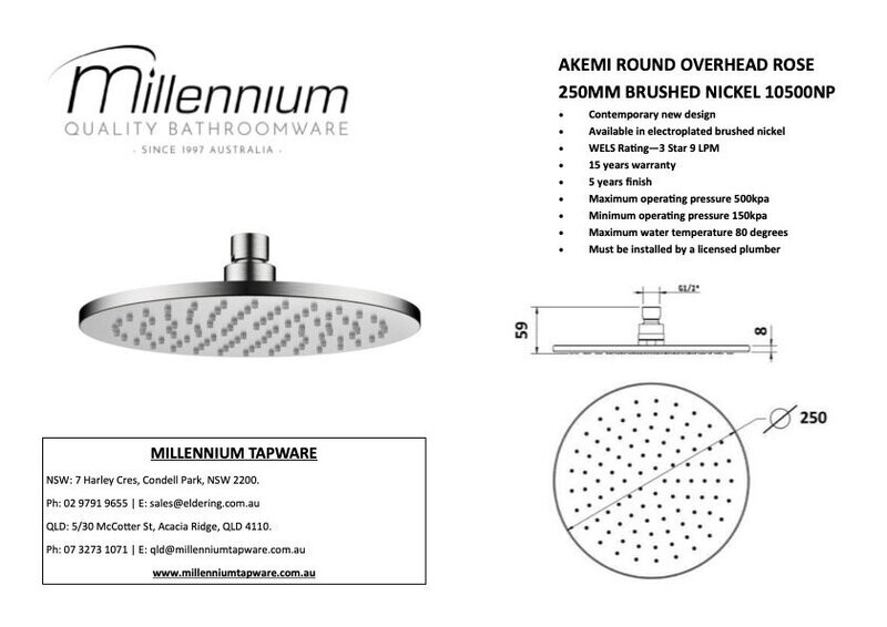 Akemi 250mm Overhead Shower Brushed Nickel