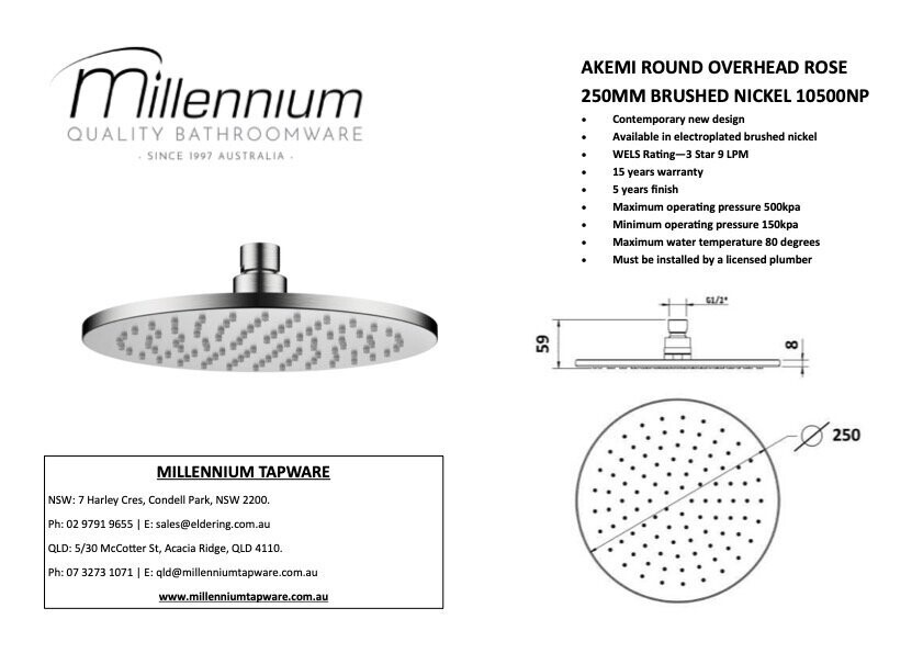 Akemi 250mm Overhead Shower Brushed Nickel Akemi 250mm Overhead Shower Brushed Nickel