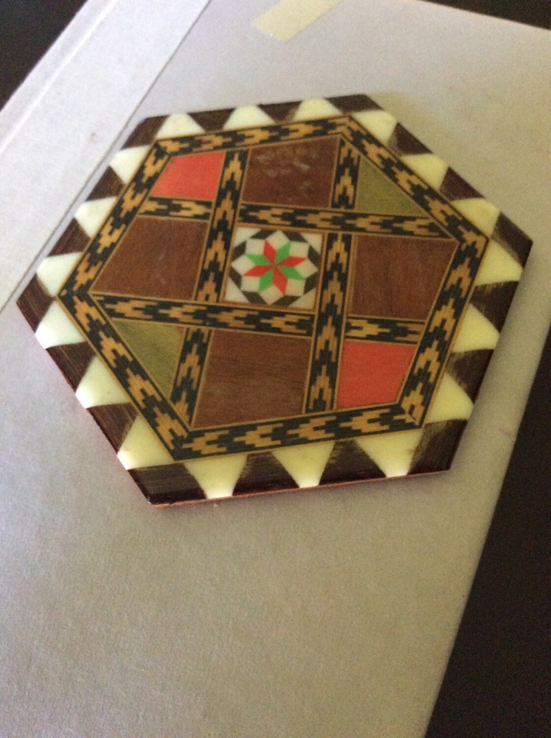 Inlaid Wood Hexagon trivet Djinn Summonsing talisman