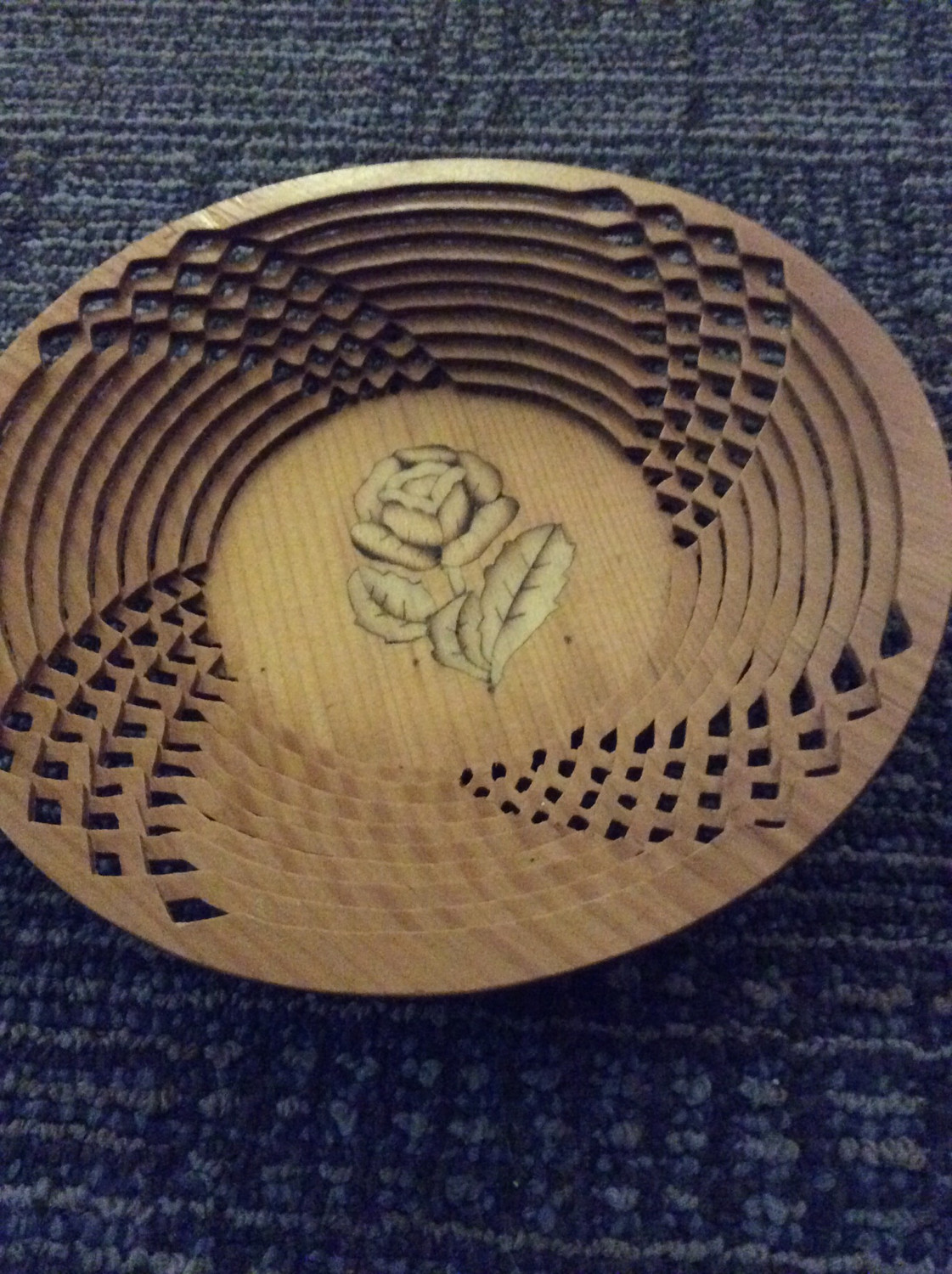 Wood dish intricate inlay, carved edges, radiates pure positive Orgone energy throughout dwelling 