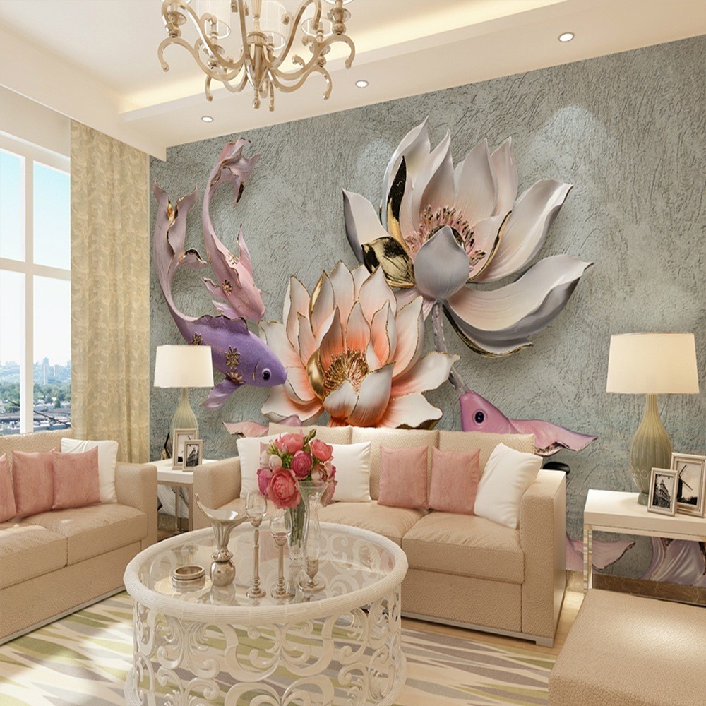 Wallpaper Canvas Wall Covering - Adhesive Required 3D Lotus Fish