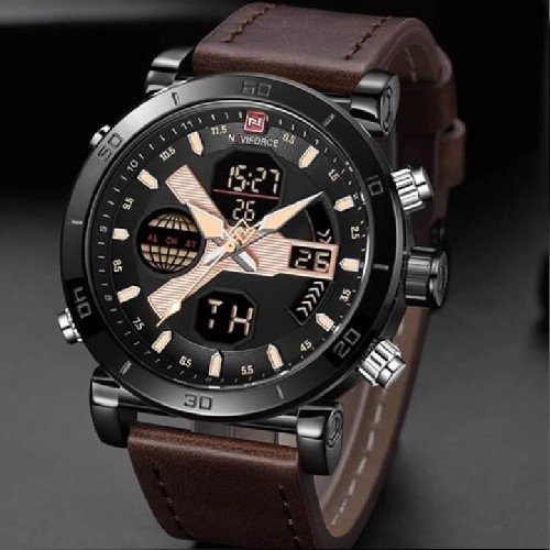 Men&#39;s leather strapped dual watch