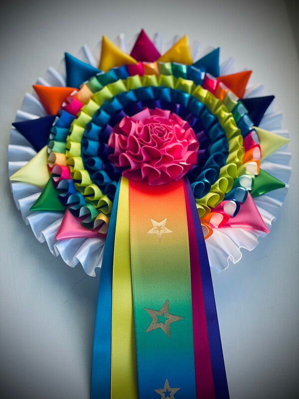 6 Tier Unicorn Multicoloured Rosettes, 2ft tails